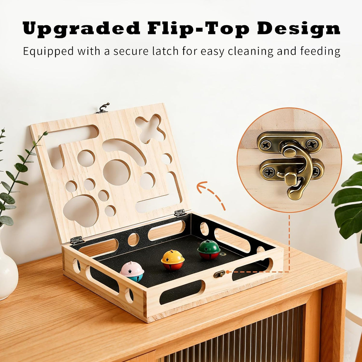cat nail file enrichment box, wood puzzle scratcher shown in use