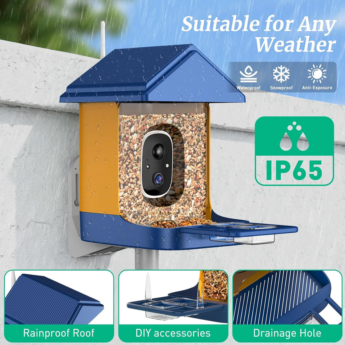 bird feeder with camera, solar powered, 2k hd showing dimensions