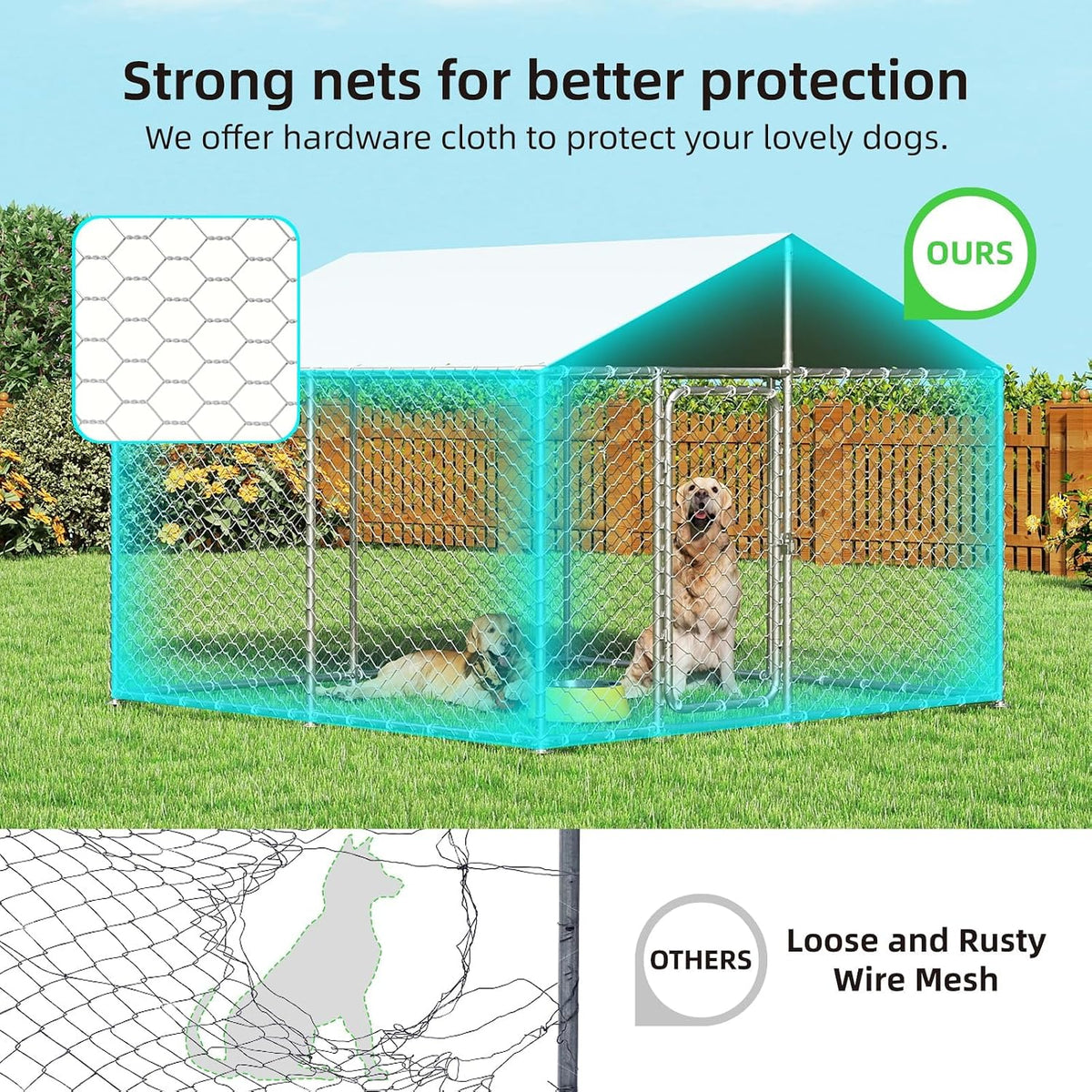 10x10ft large outdoor dog kennel outside, heavy duty showing dimensions