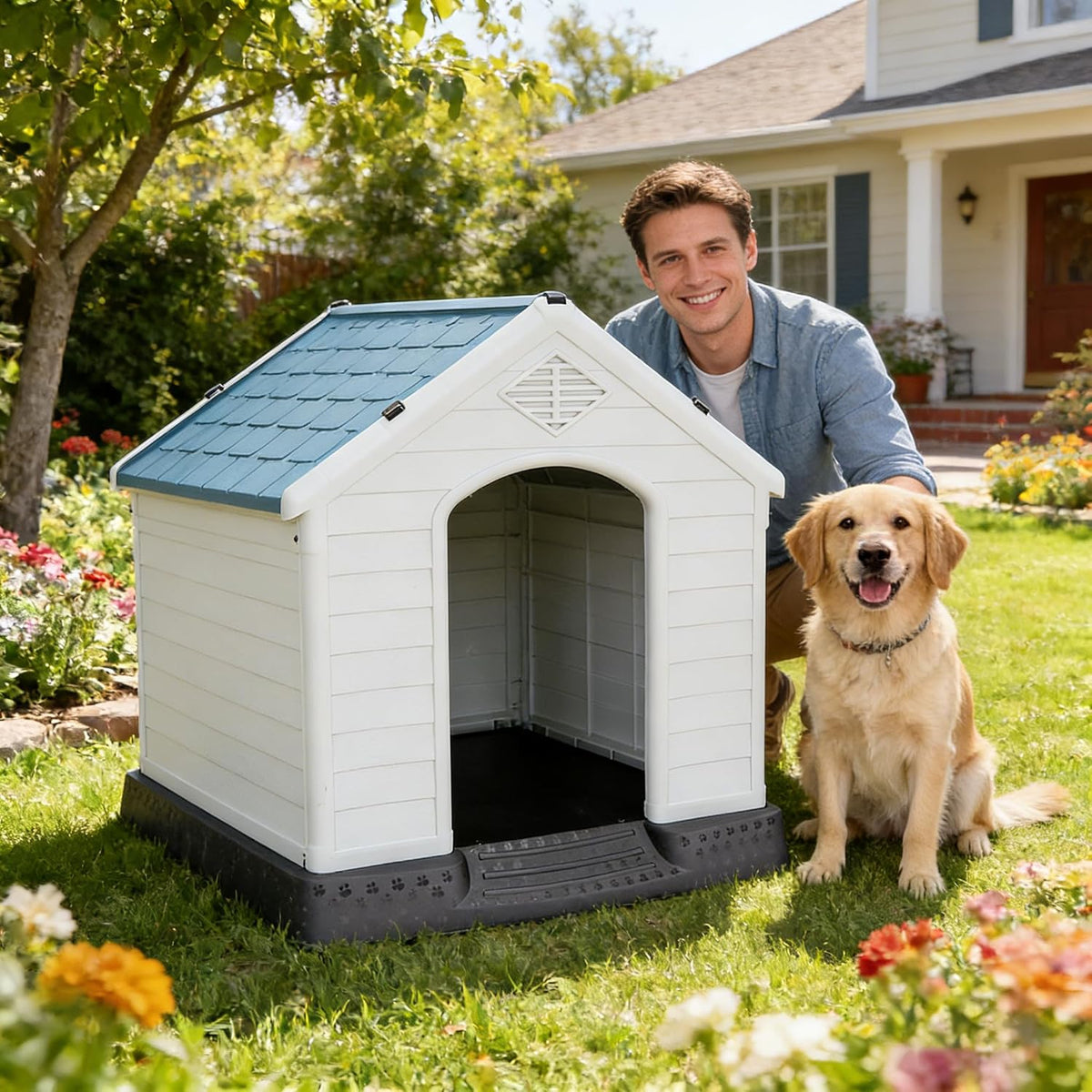 large plastic dog house indoor outdoor durable ventilate shown in use