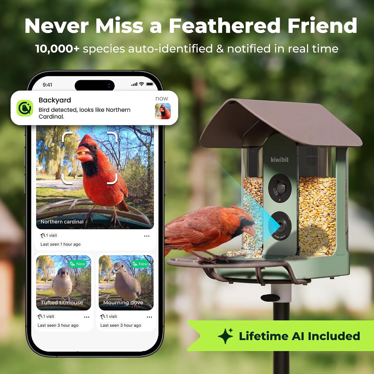 kiwibit smart bird feeder with 4k ai camera, side view