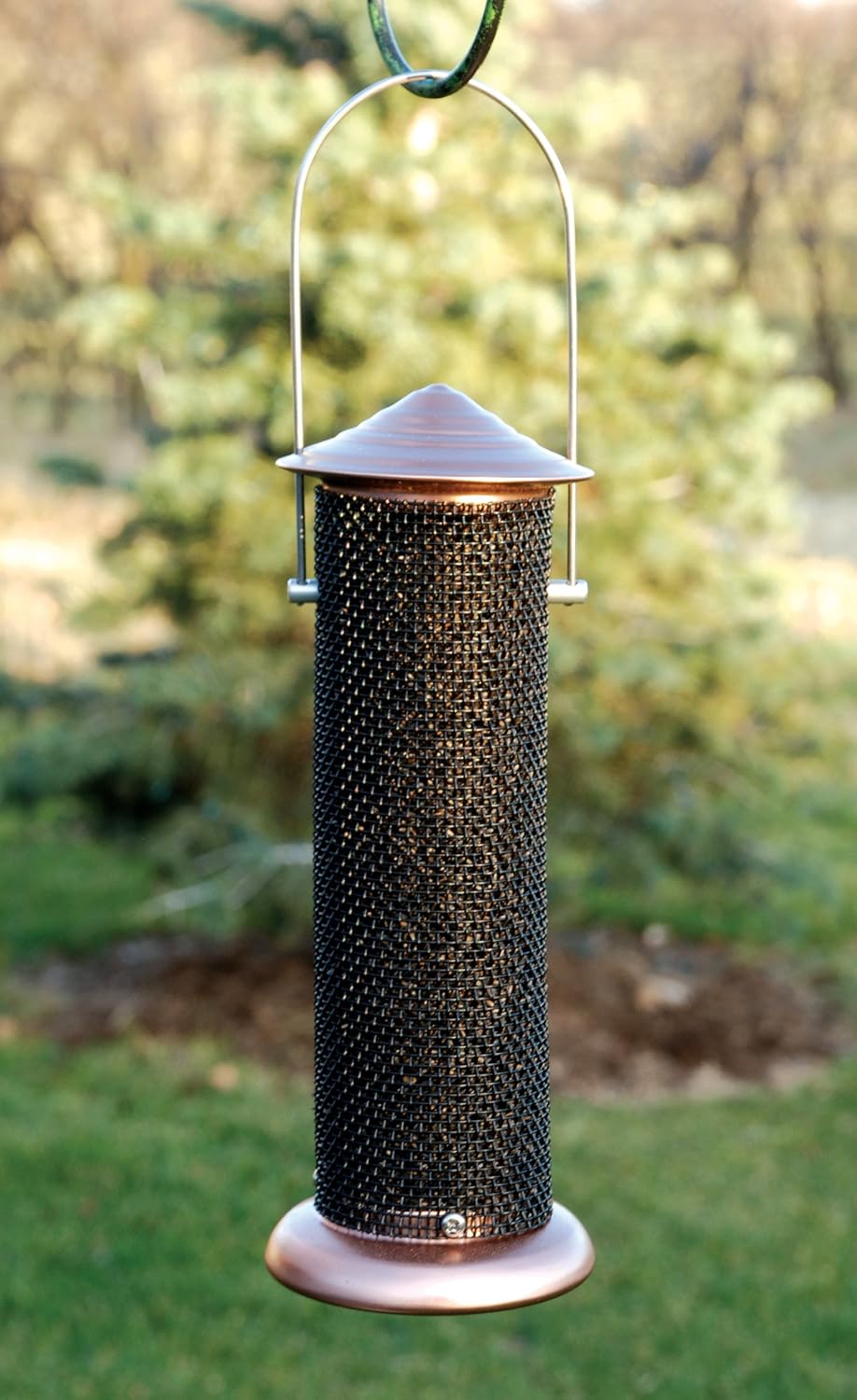 woodlink coppertop thistle mini tube feeder model coptmini shown in use
