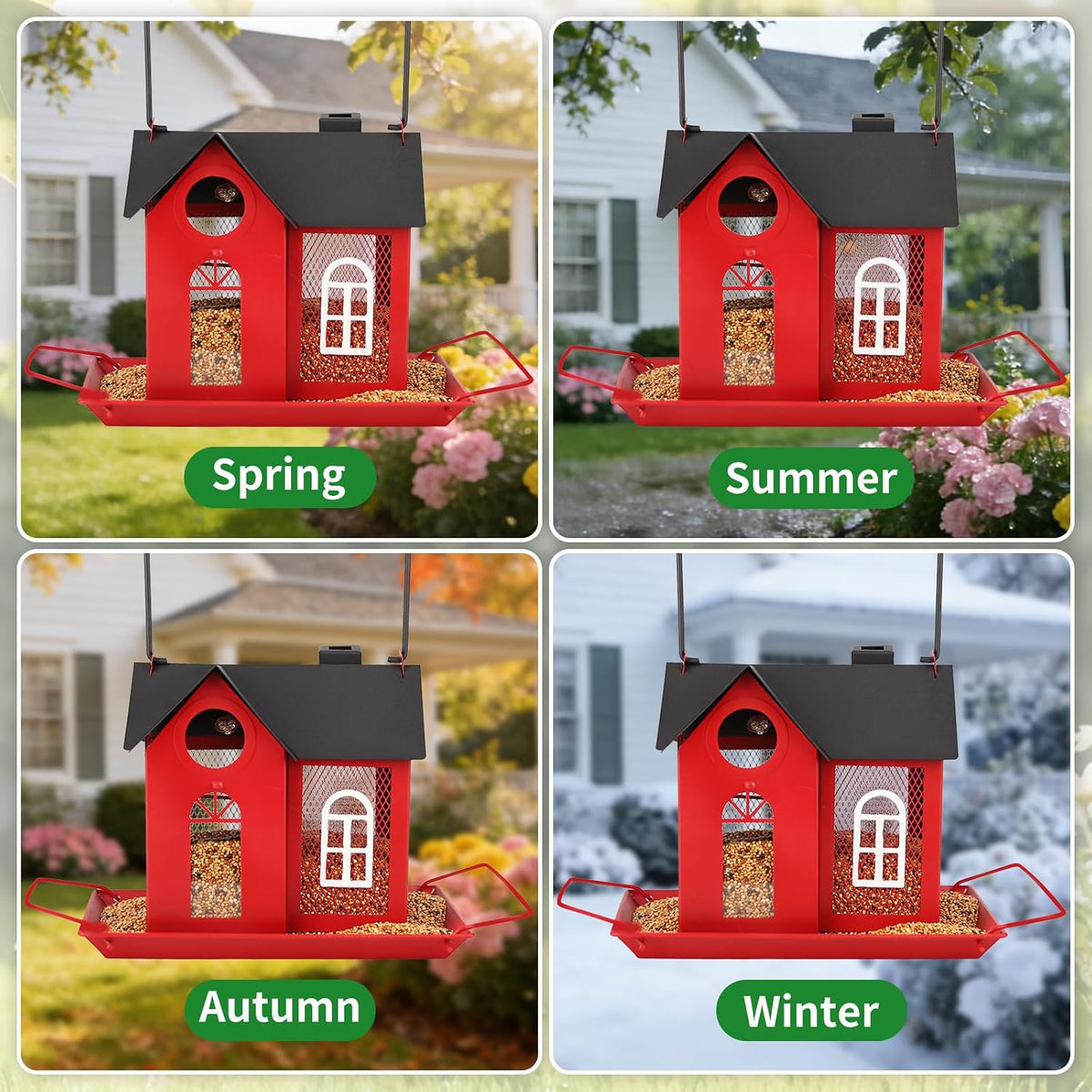 solar bird feeder for outdoors - red metal showing dimensions