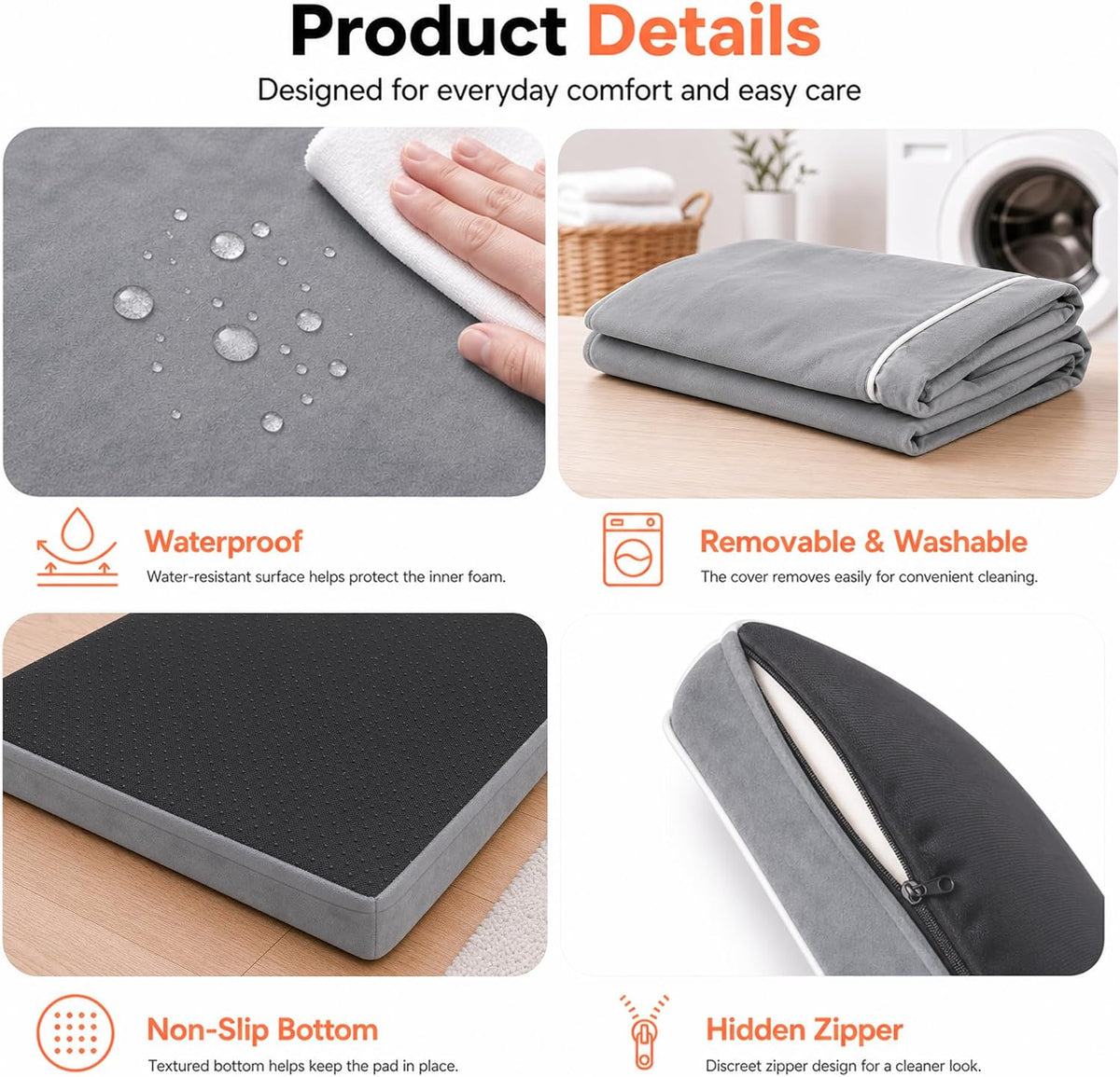 orthopedic dog mat, 100% waterproof 28d foam bed showing dimensions