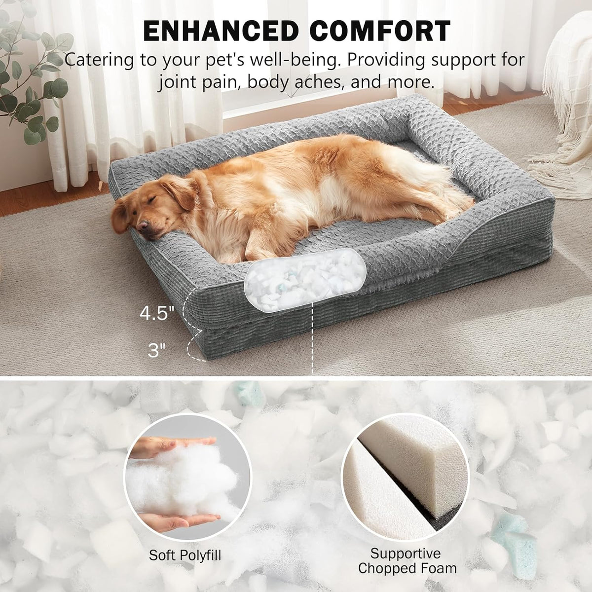 invenho orthopedic dog beds large sized, xl washable, close-up detail