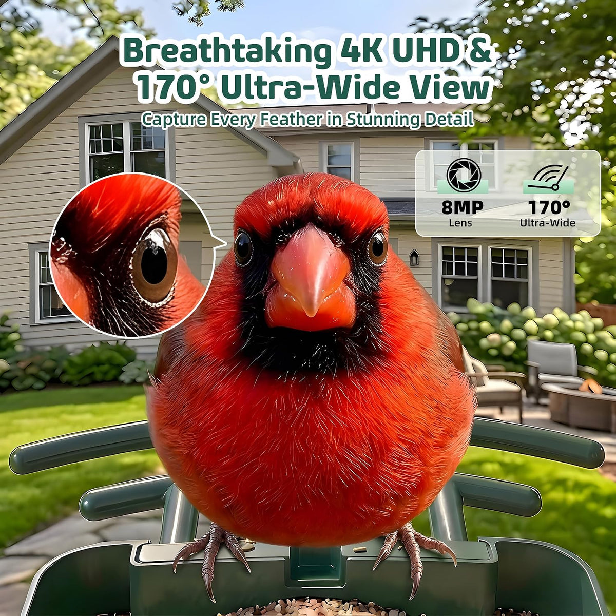 bird feeder with camera, no subscription, 4k uhd shown in use