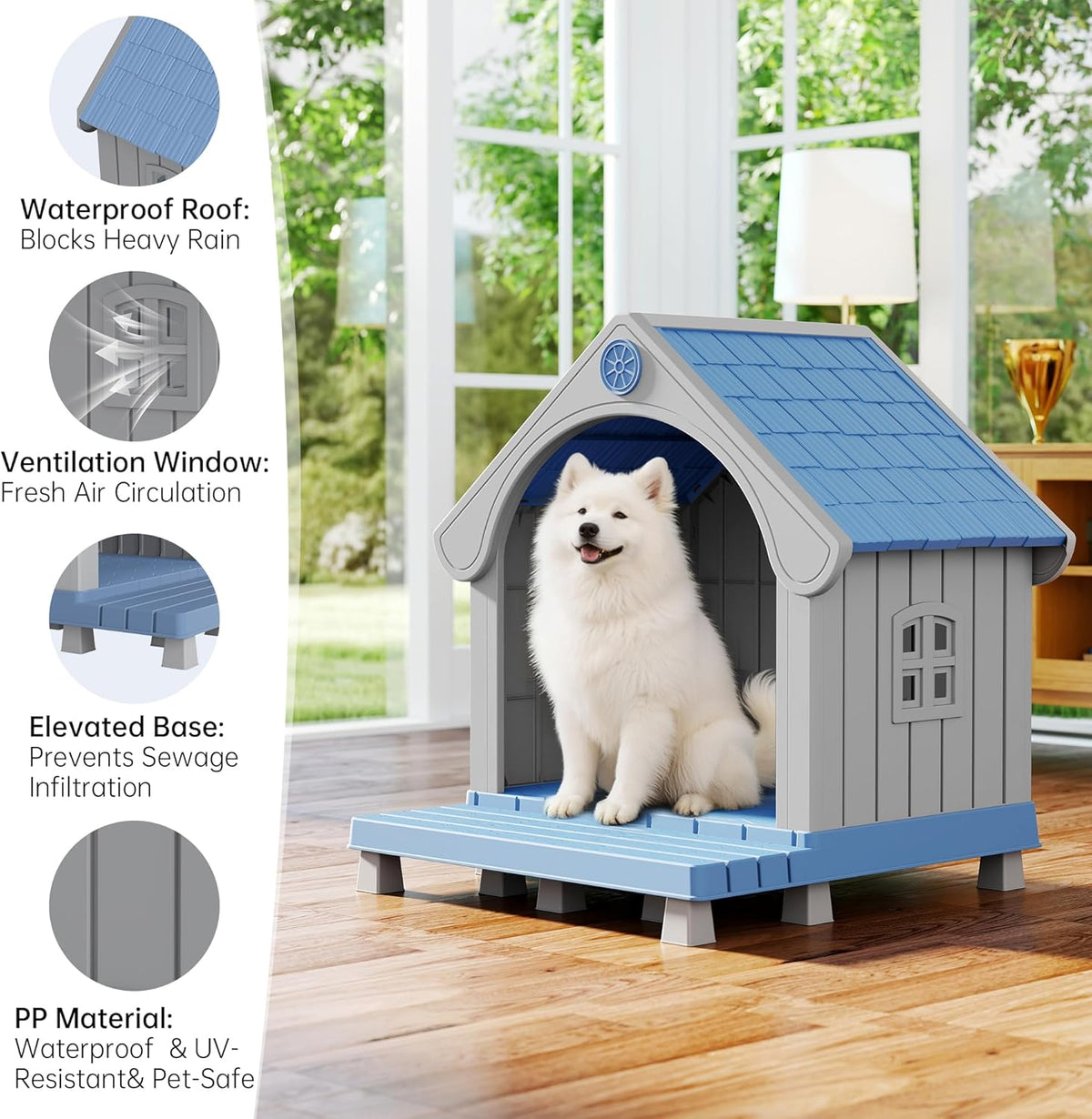 bifanuo dog house outdoor weatherproof with porch for, close-up detail
