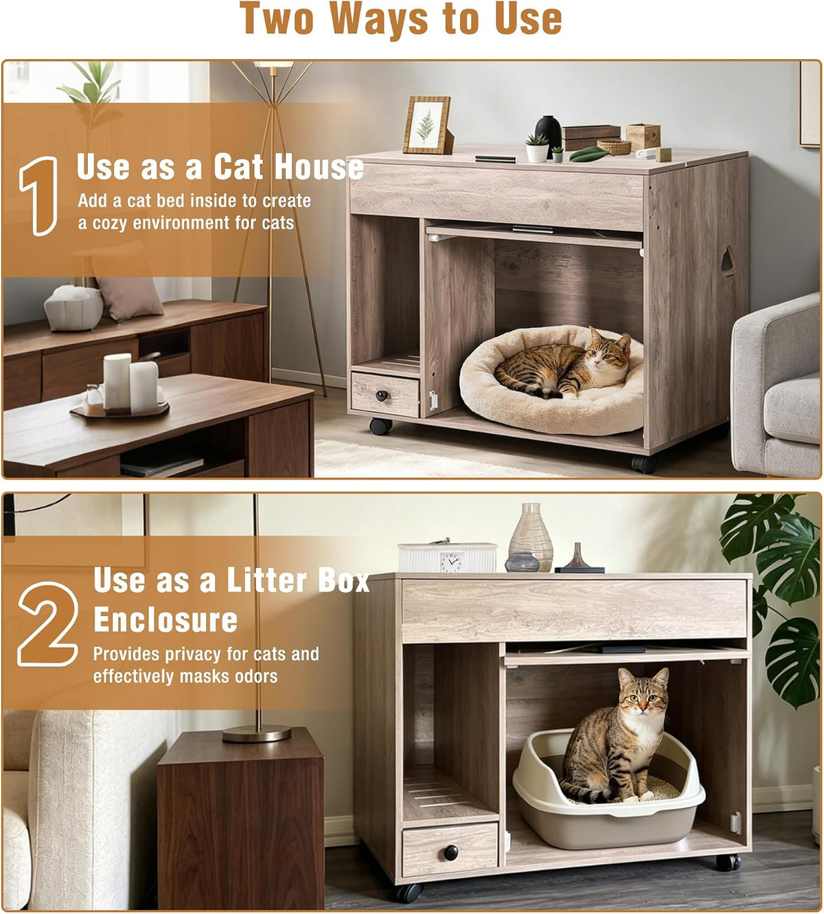 gutinneen cat litter box enclosure cabinet, hidden litter, close-up detail