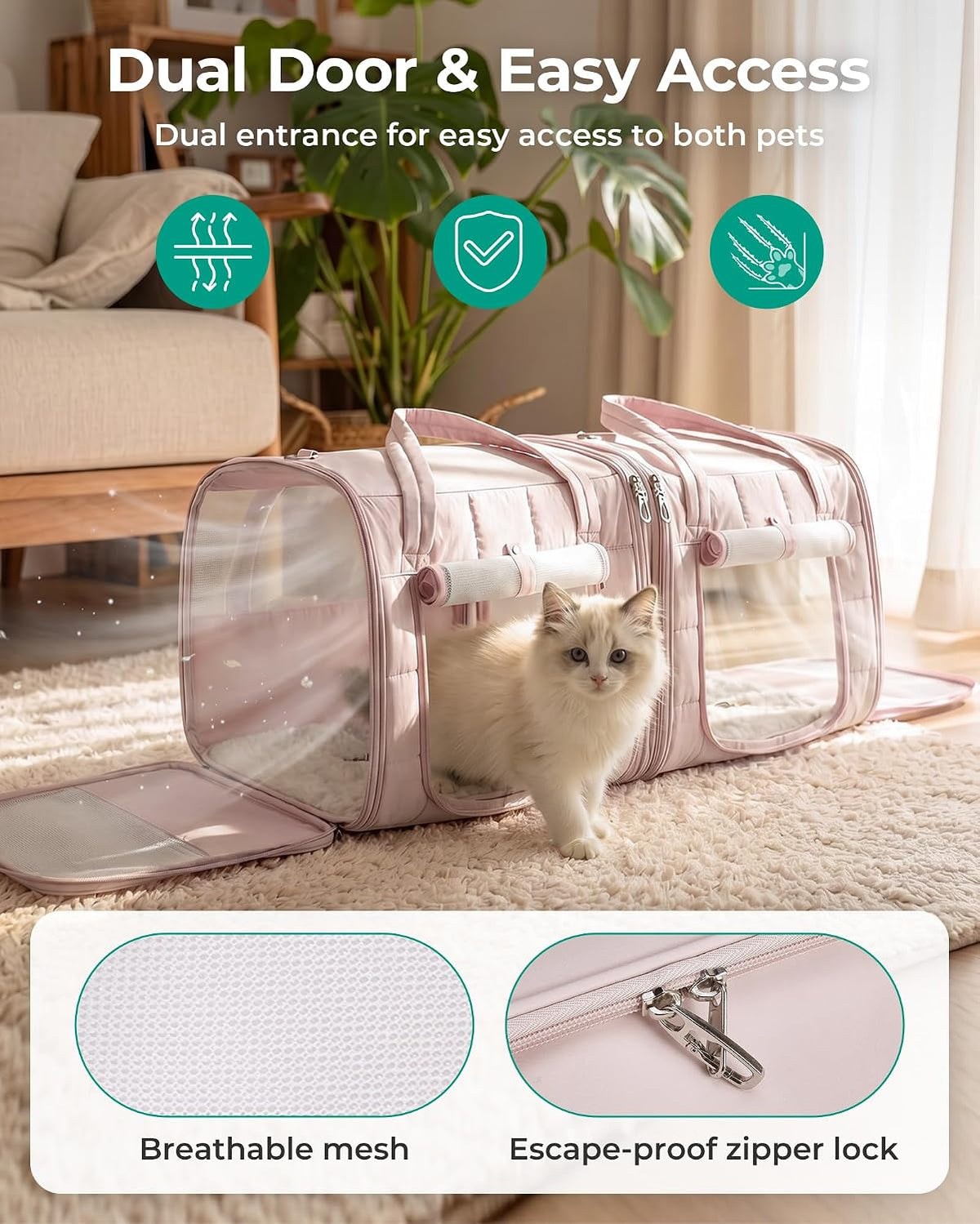 bagsmart double cat carrier for 2 cats, large showing dimensions