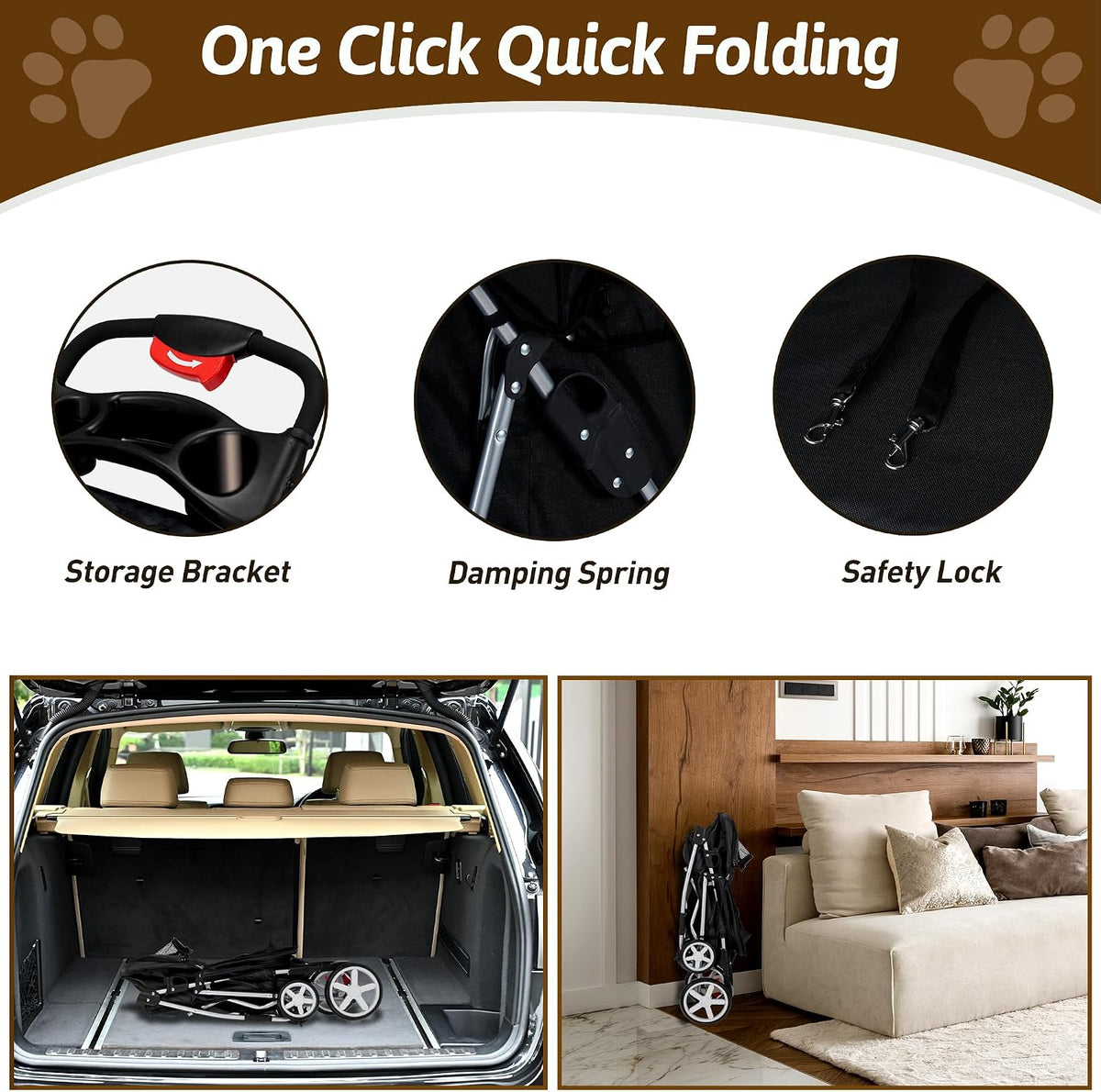 foldable pet stroller 4 wheels for small medium, side view