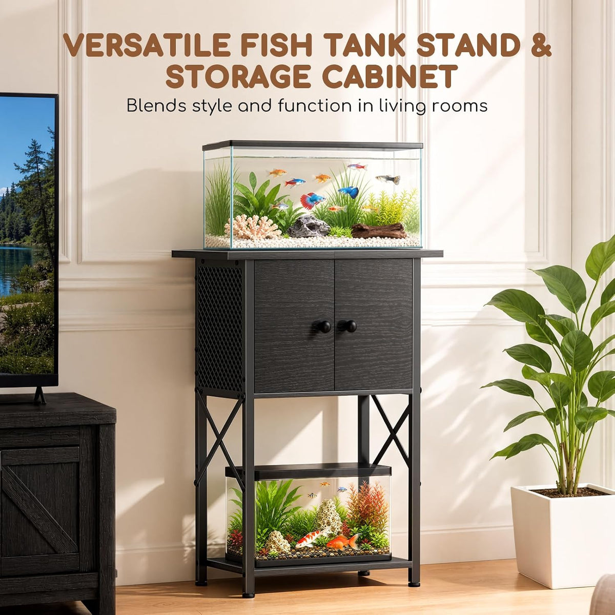 10 gallon fish tank stand with storage cabinet, side view