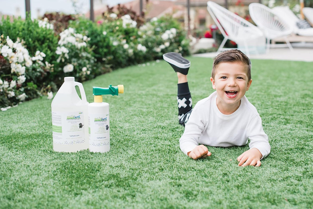 bioturf bios+ artificial turf cleaner deodorizer concentrate 5 shown in use