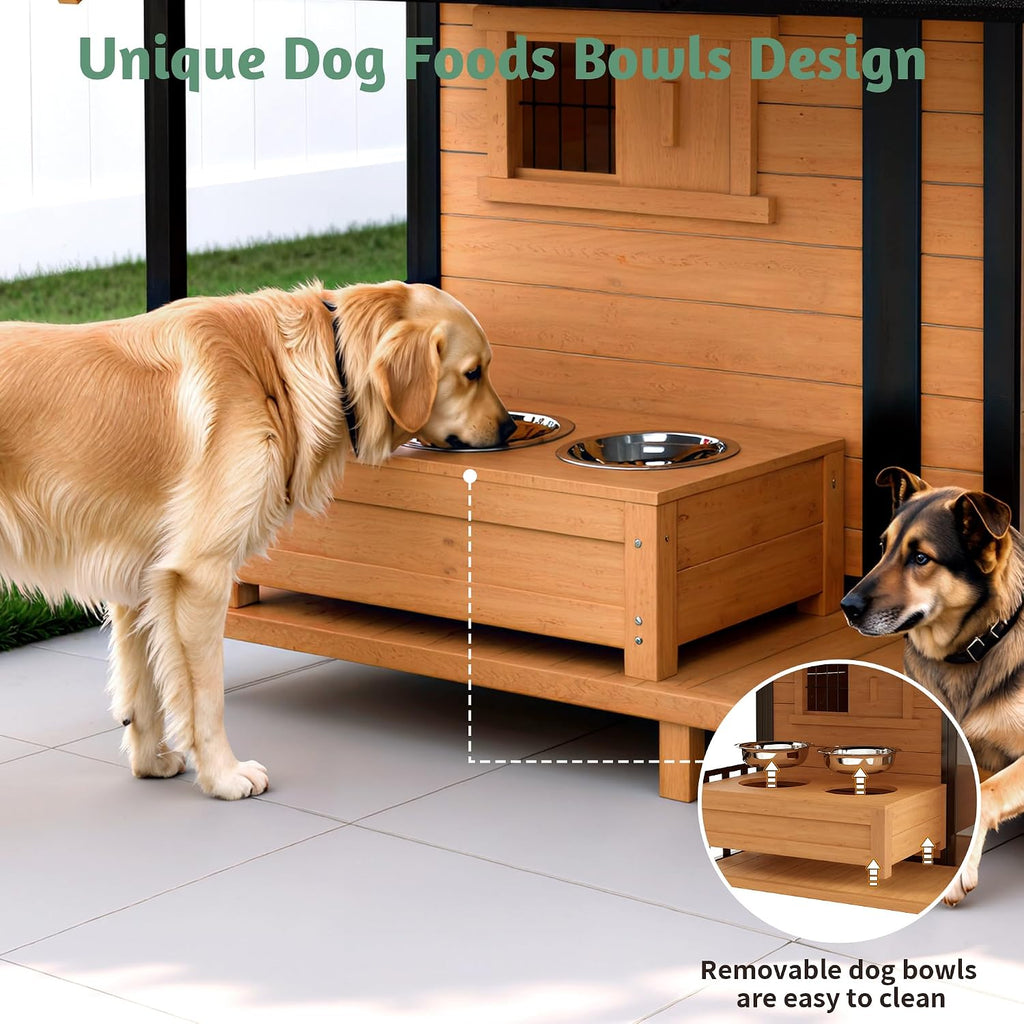 extra large dog house with porch& dog bowls, side view