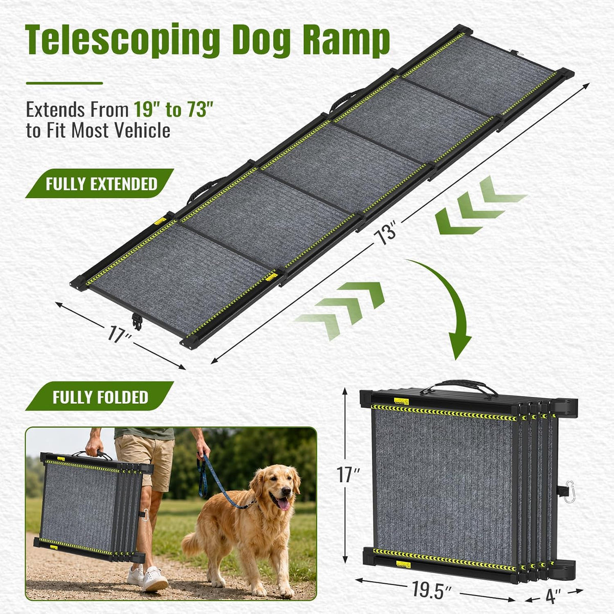 dog ramp for car 73" extra-long,telescoping pet ramp shown in use