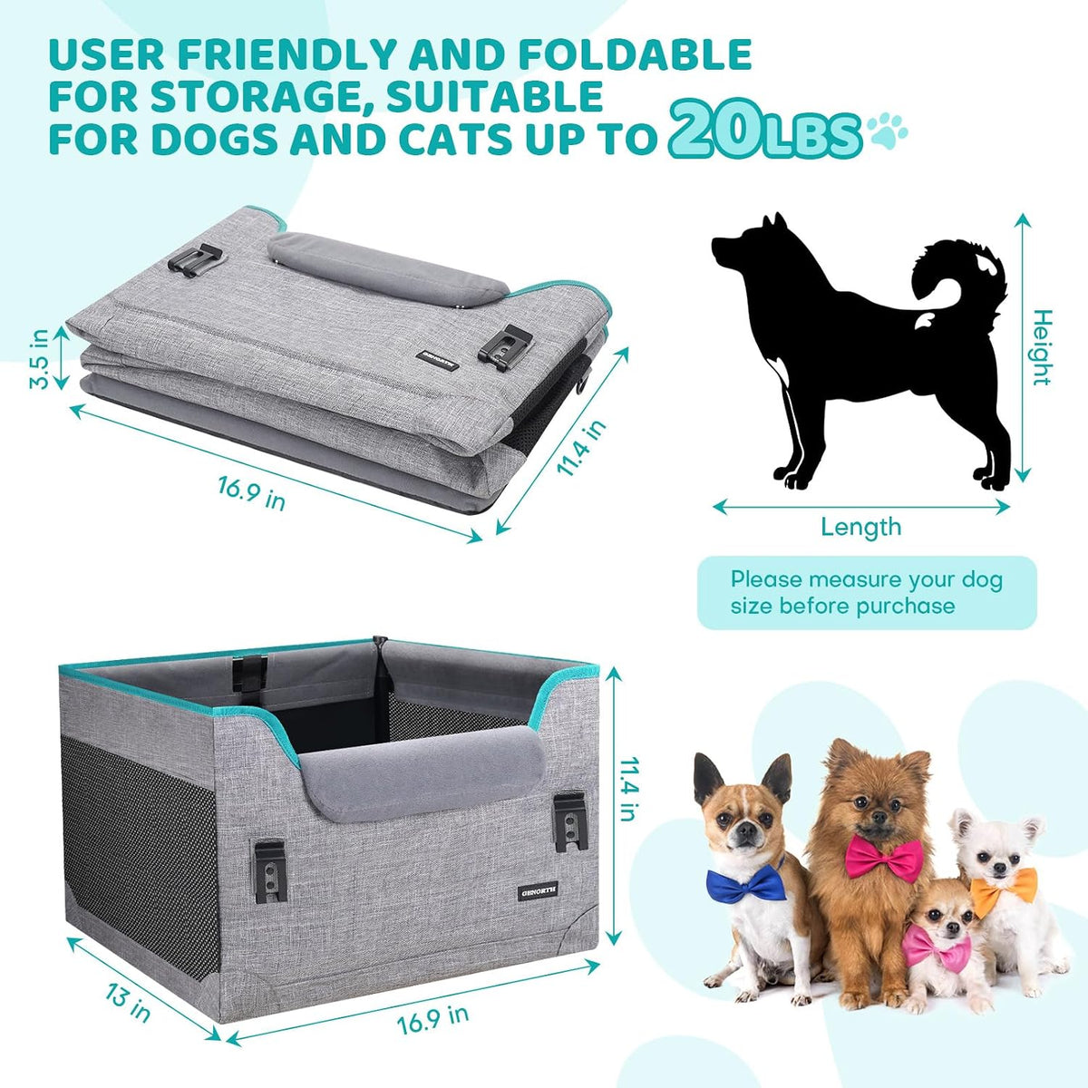 genorth dog car seats for small dogs, pet showing dimensions
