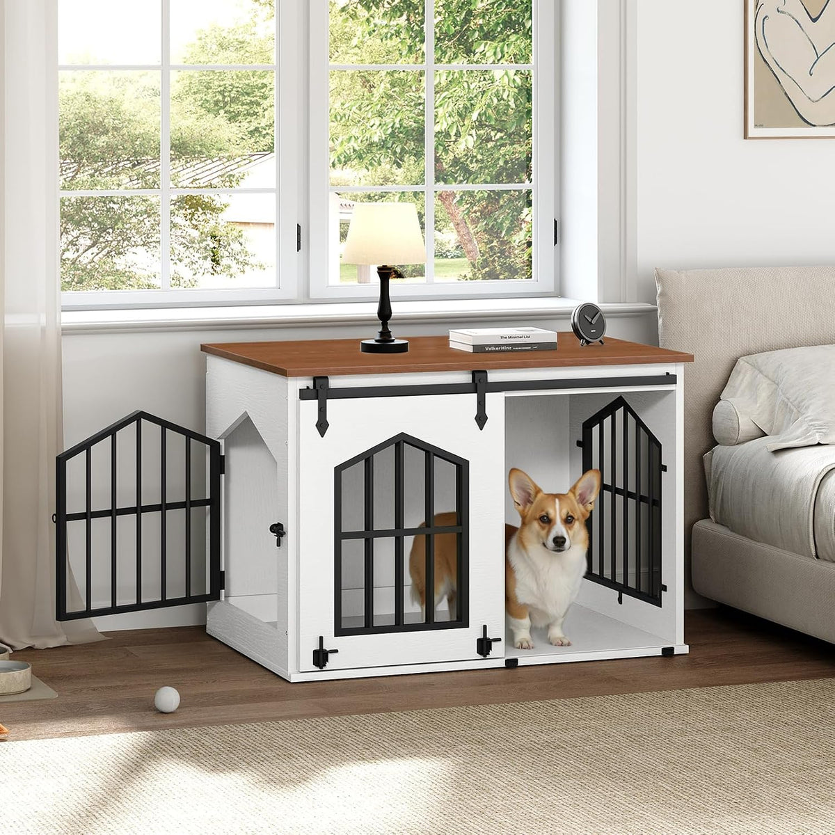 mahancris dog crate furniture, 31.5" farmhouse dog kennel shown in use