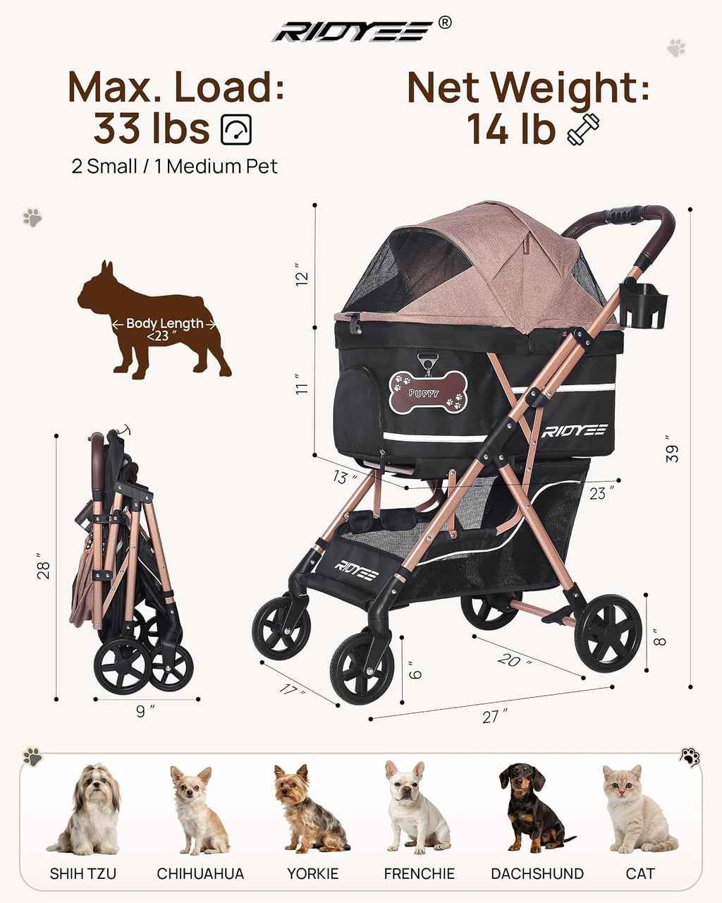ridyee foldable dog stroller for small & medium, view 9