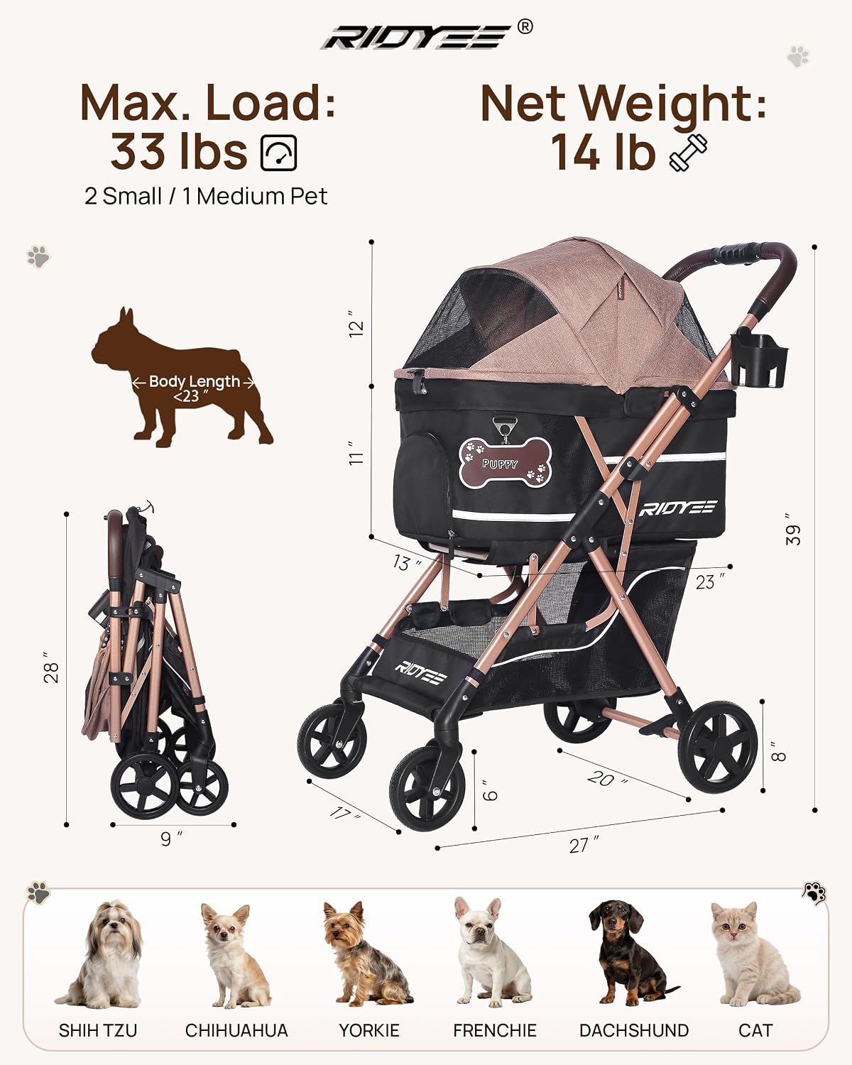 ridyee foldable dog stroller for small & medium, view 9