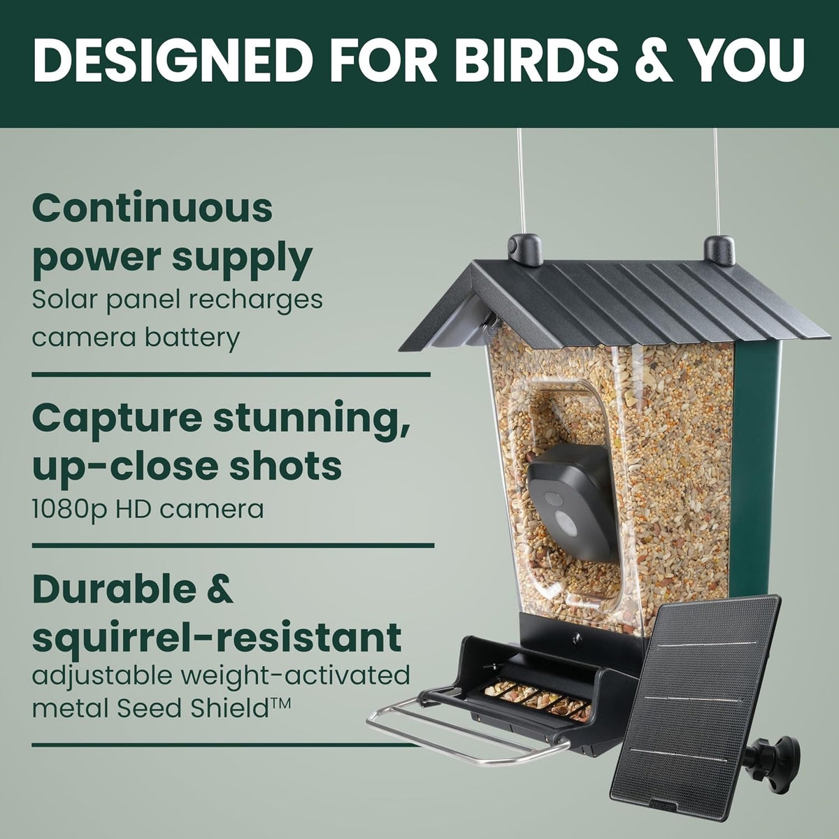 perky-pet solar powered smart bird feeder with camera, close-up detail
