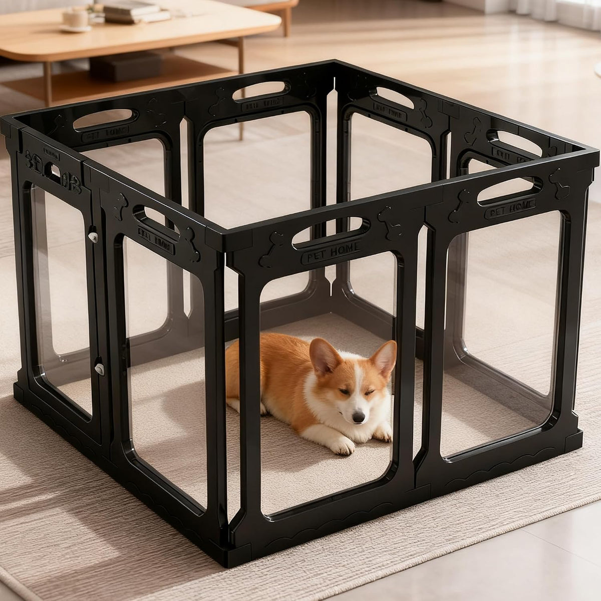 clear acrylic dog playpen indoor, 24" h, 2 shown in use