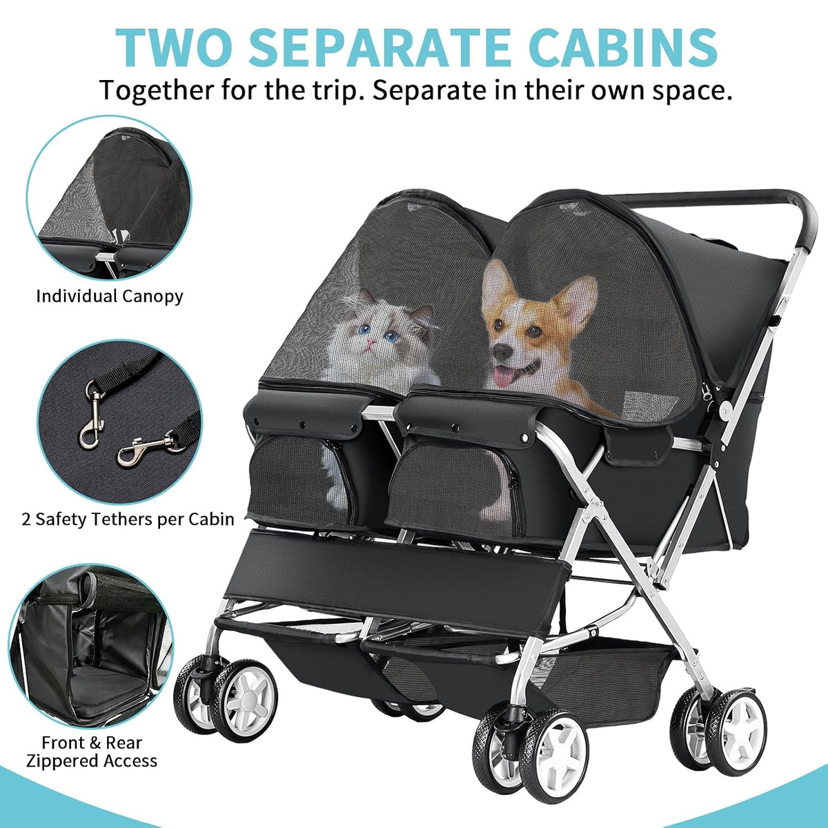 double pet stroller for 2 dogs & cats shown in use