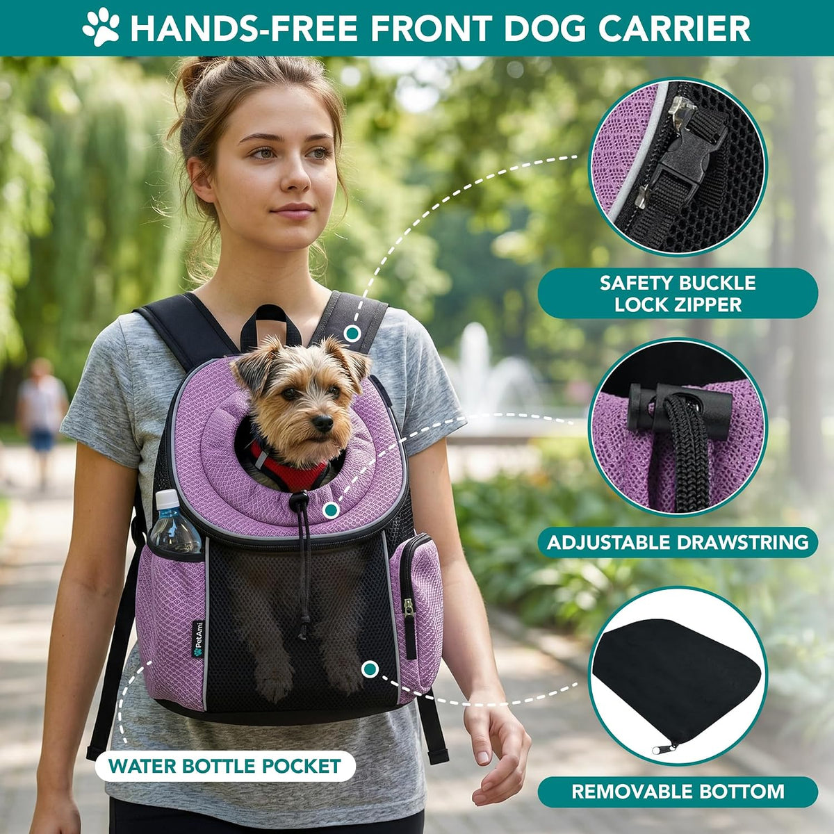 petami dog carrier backpack, hands free front pet, close-up detail