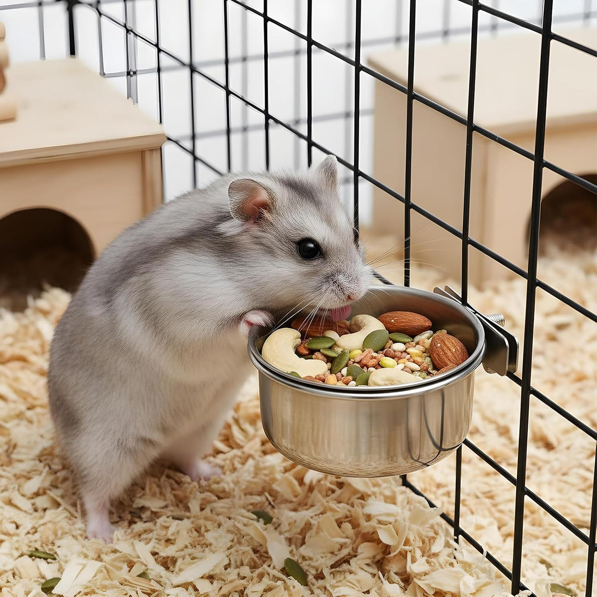 stainless steel bird food bowls with clamp holder, side view