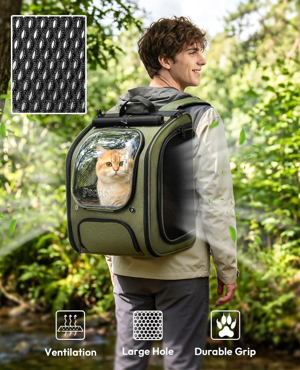 pecute cat backpack carrier,large space cat bubble backpack,ergonomic,green, side view
