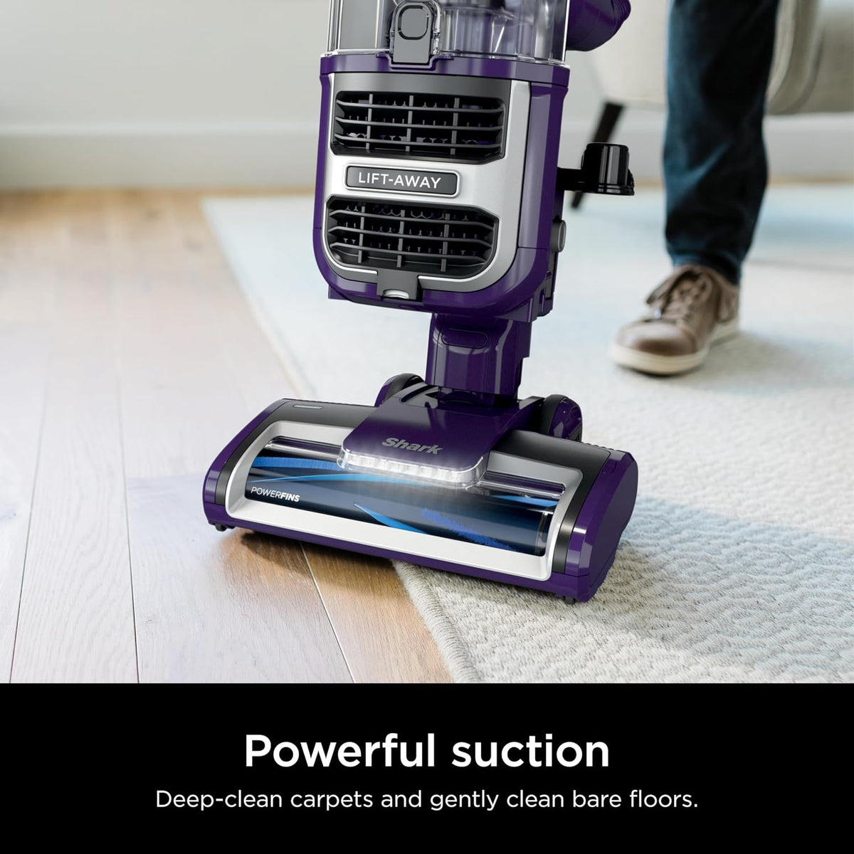 shark lift-away upright vacuum, powerfins, no hair wrap shown in use