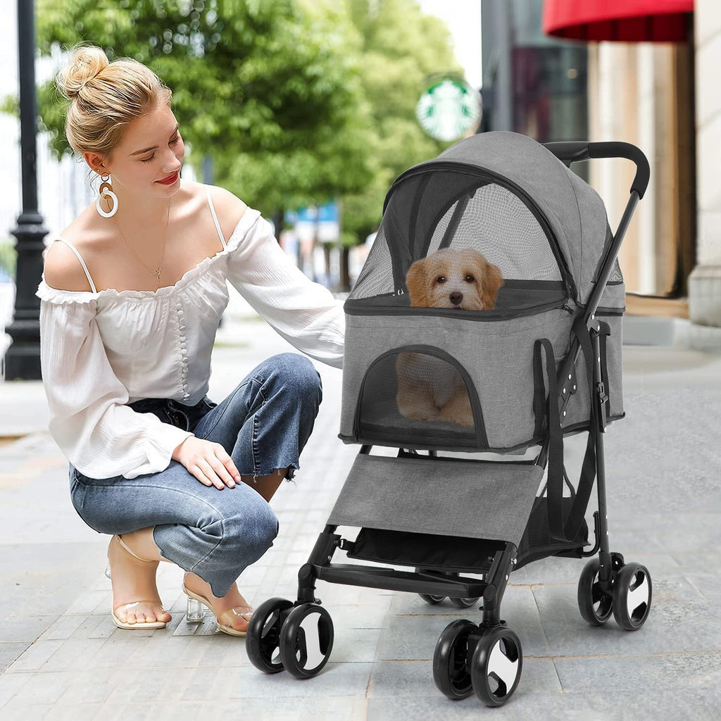 bestpet | 4-wheel foldable pet stroller | grey shown in use