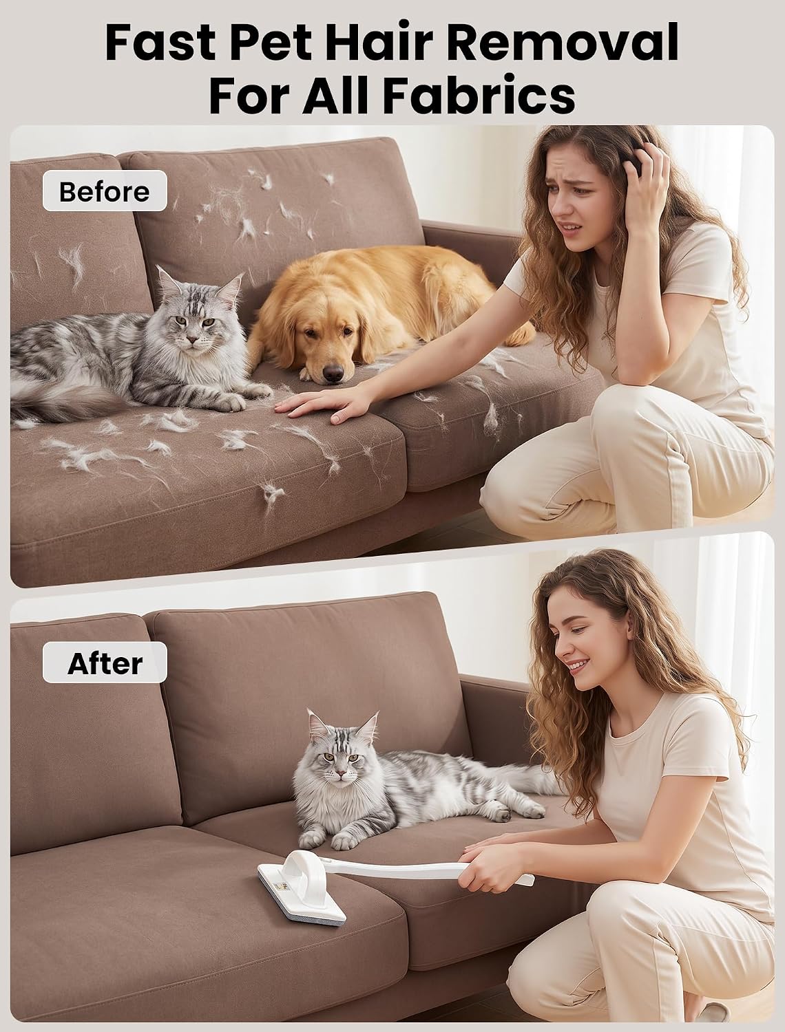 ordora reusable pet hair remover brush for furniture shown in use