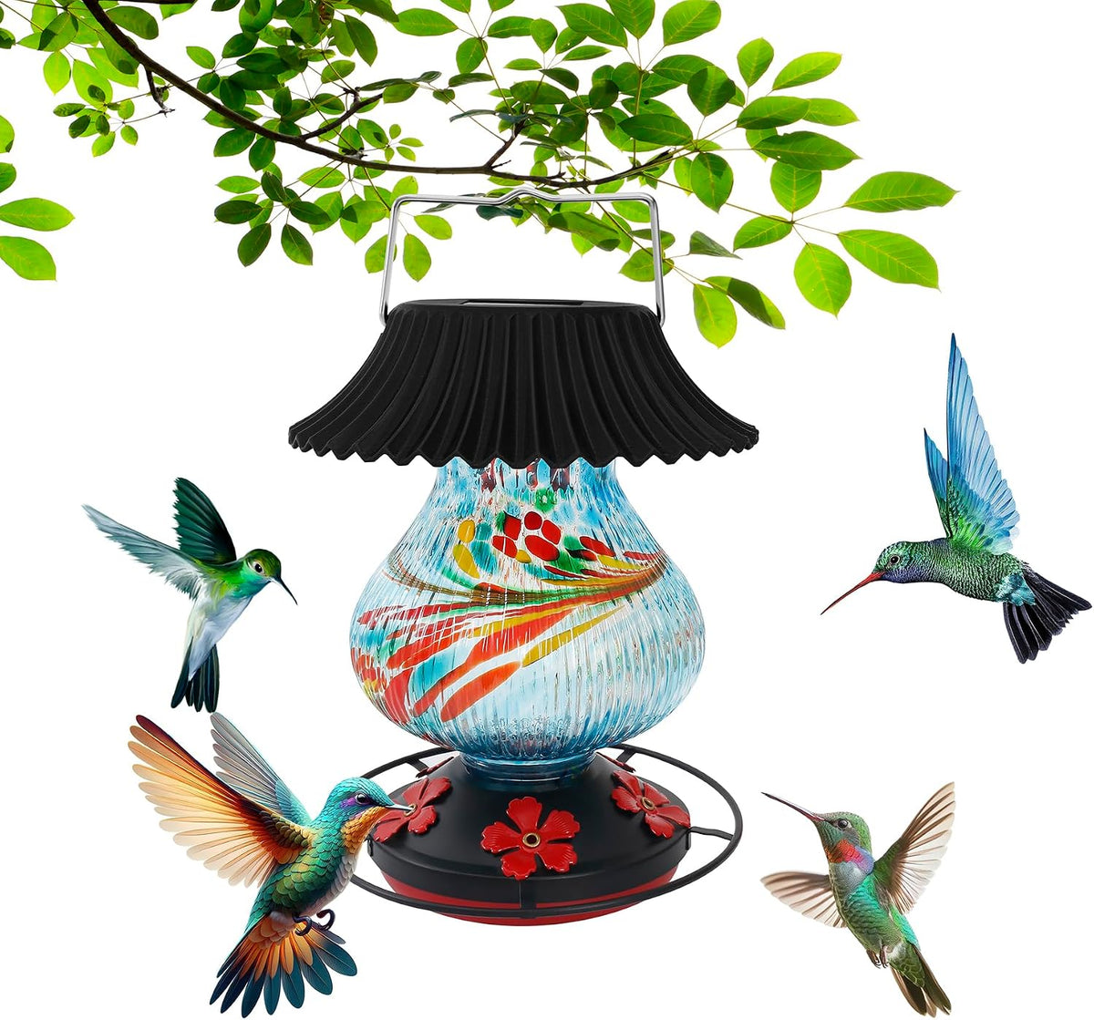 solar hummingbird feeder, hand blown glass multicolor night, main product view