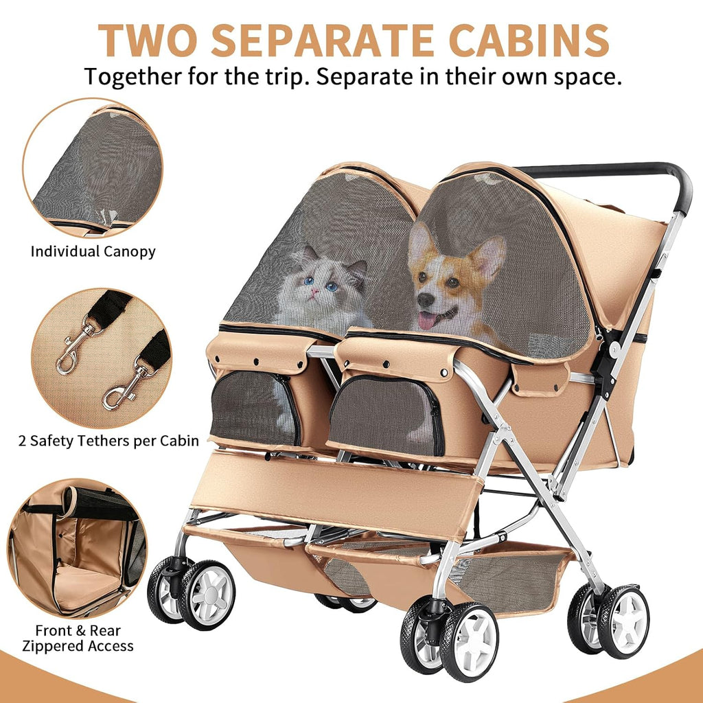 double pet stroller for 2 dogs & cats shown in use
