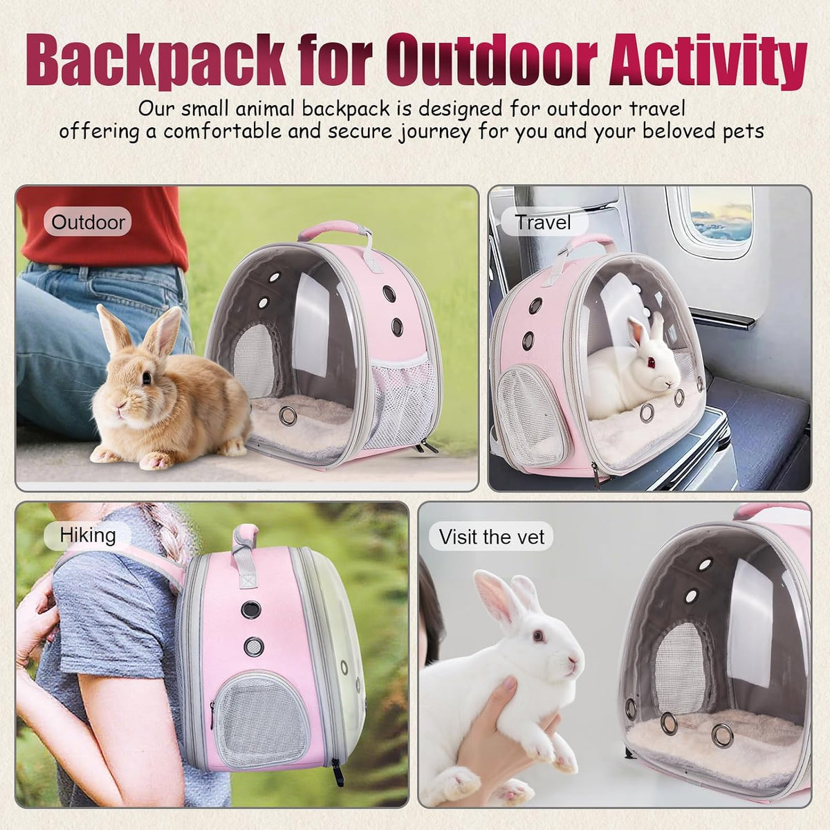 back expandable backpack for small animals, portable travel showing dimensions