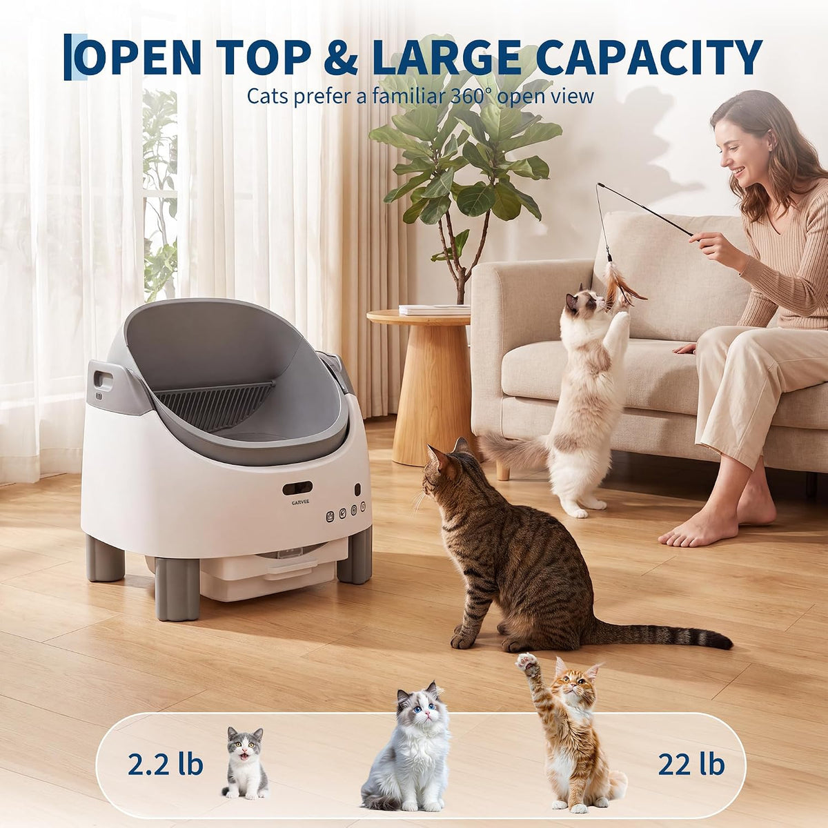 automatic self-cleaning cat litter box with app-controlled shown in use