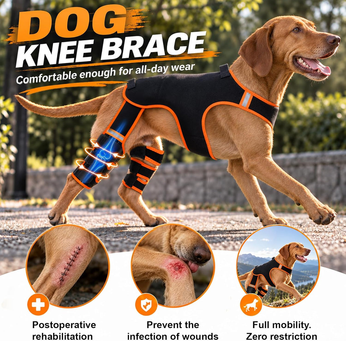 dog knee brace for back leg, acl/ccl tear, close-up detail