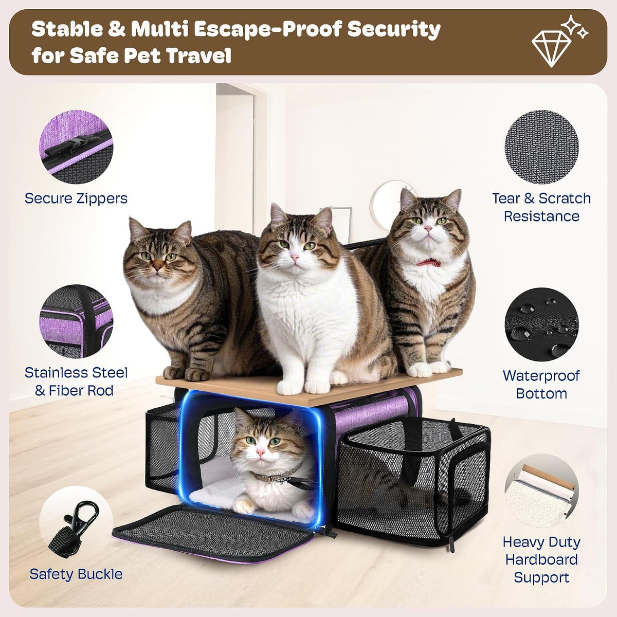 top and 2 sides expandable cat carrier 18x13.5x9.5 showing dimensions