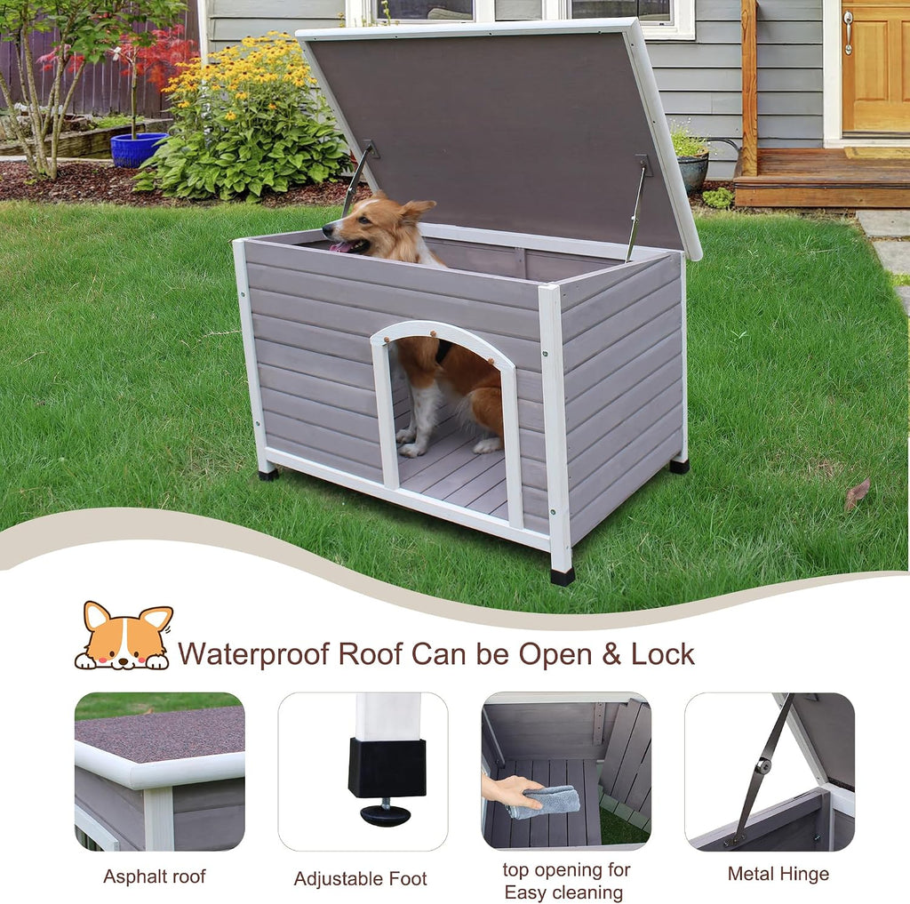 44" wooden large dog houses outdoor indoor, waterproof, close-up detail
