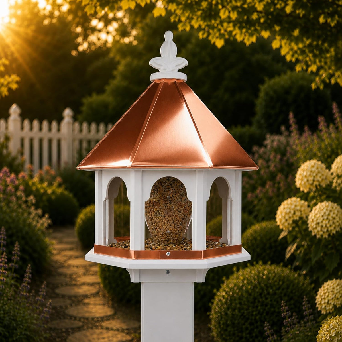 handmade copper roof octagon bird feeder (sbf8c) shown in use
