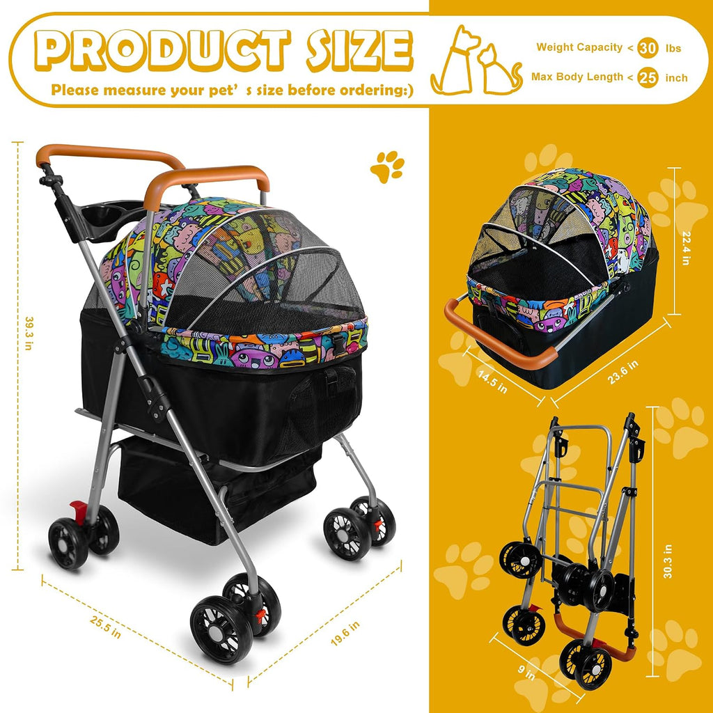 pet stroller with storage basket and cup holder shown in use