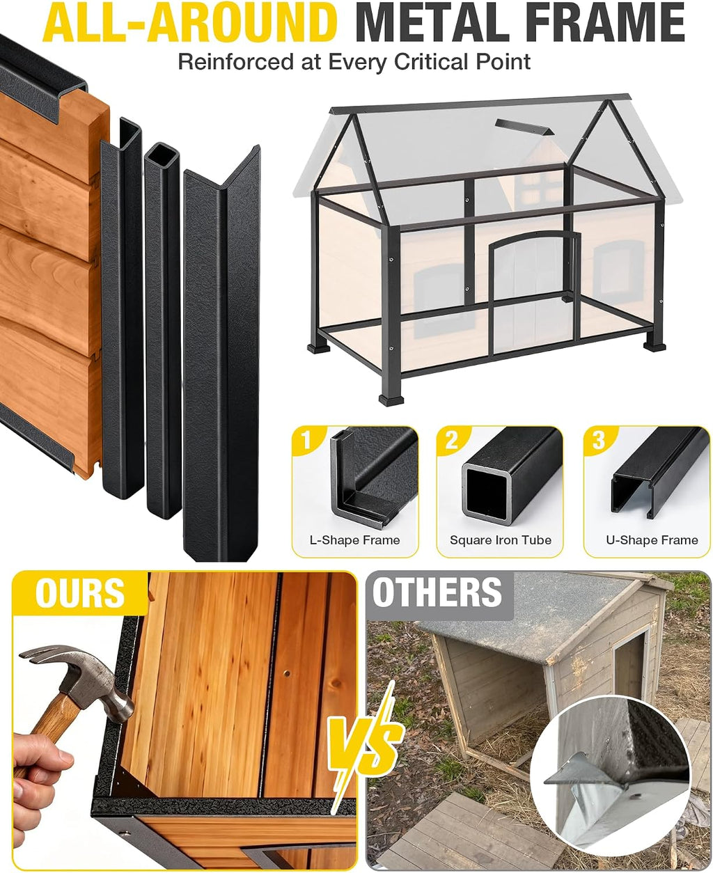 heated dog house with insulated liner anti-chewing metal shown in use
