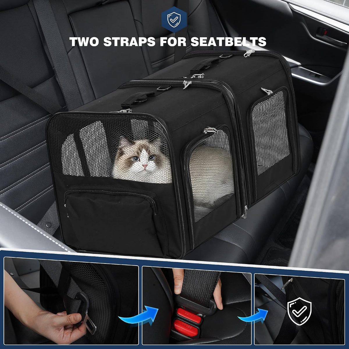 large cat carrier for 2 cats with travel shown in use