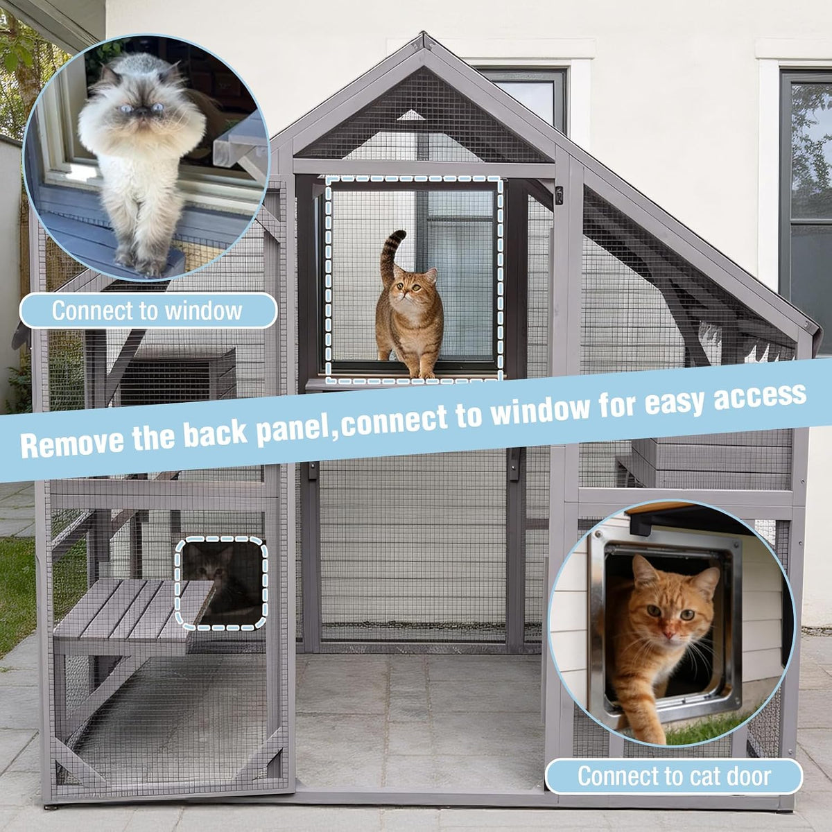 large catio outdoor cat enclosure, 74’’ cat house shown in use