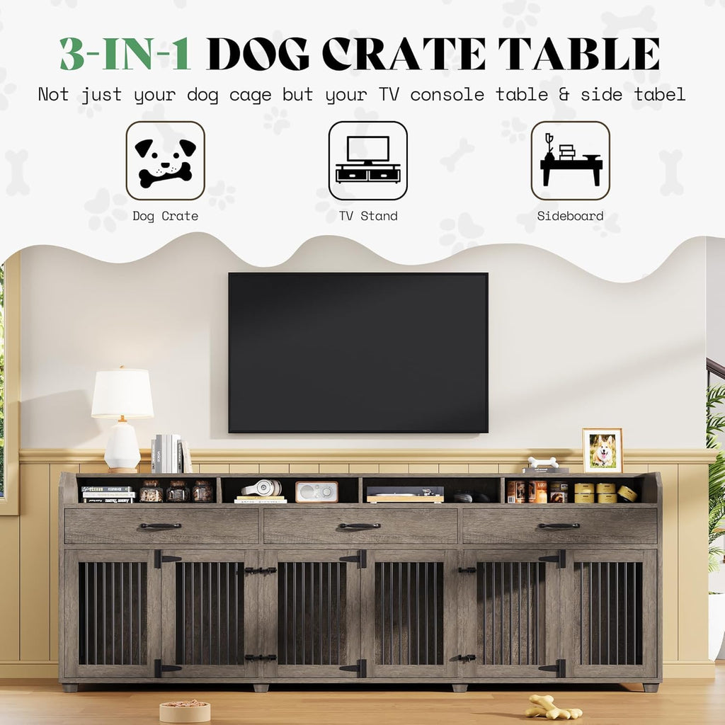 amerlife 95" dog crate furniture, multi-functional tv stand showing dimensions