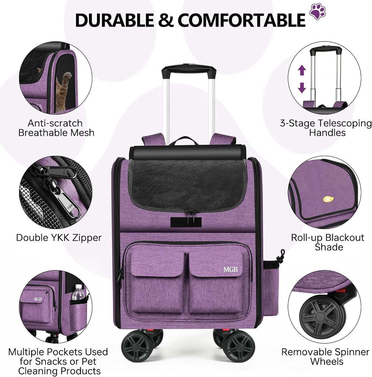 mgb rolling cat carrier with wheels, pet carrier, side view