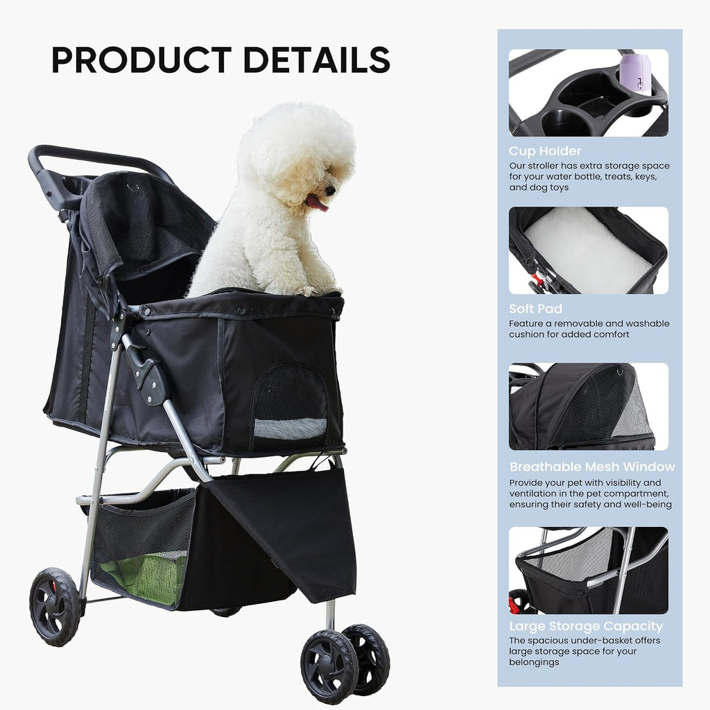 newbulig foldable 3 wheel pet stroller for medium, side view