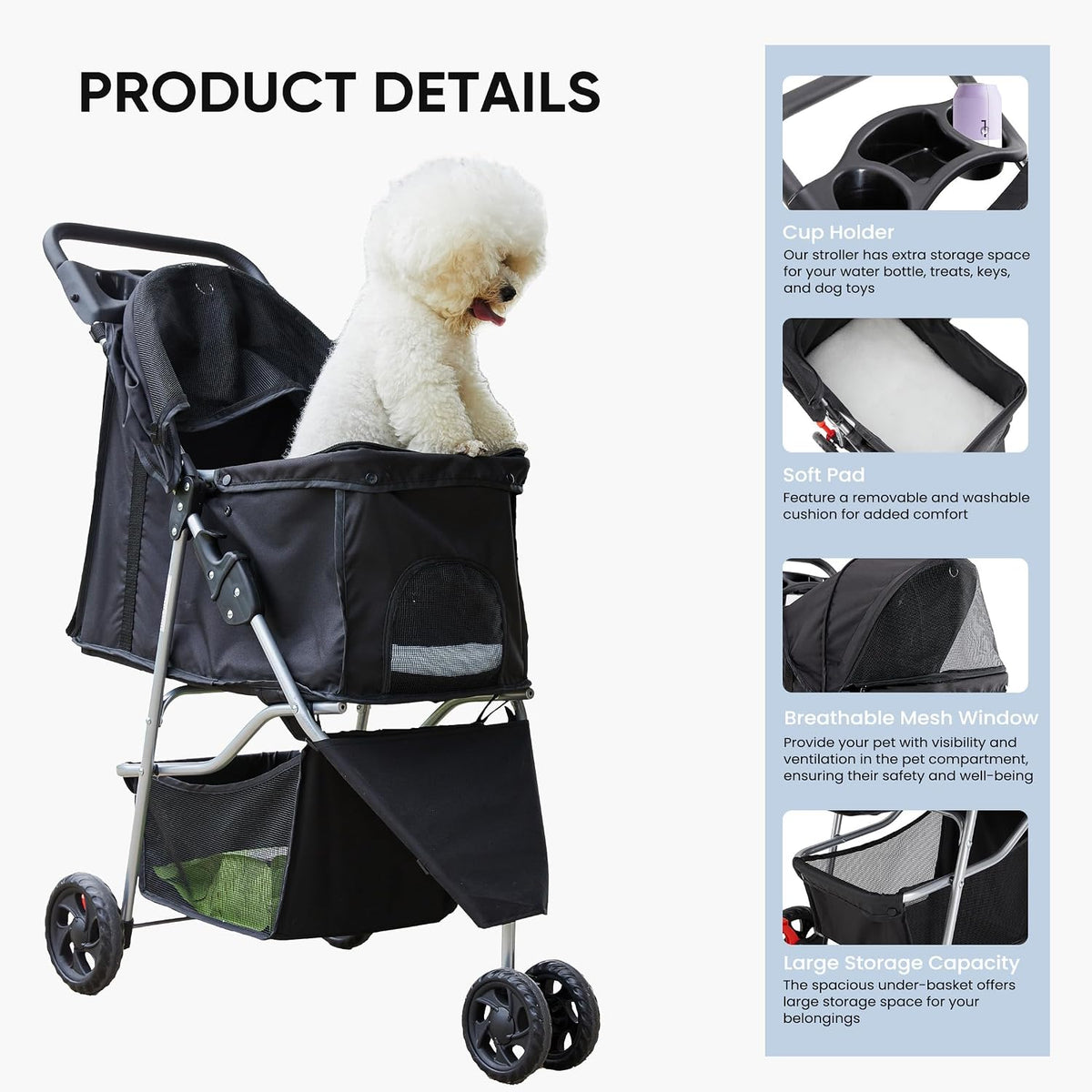newbulig foldable 3 wheel pet stroller for medium, side view