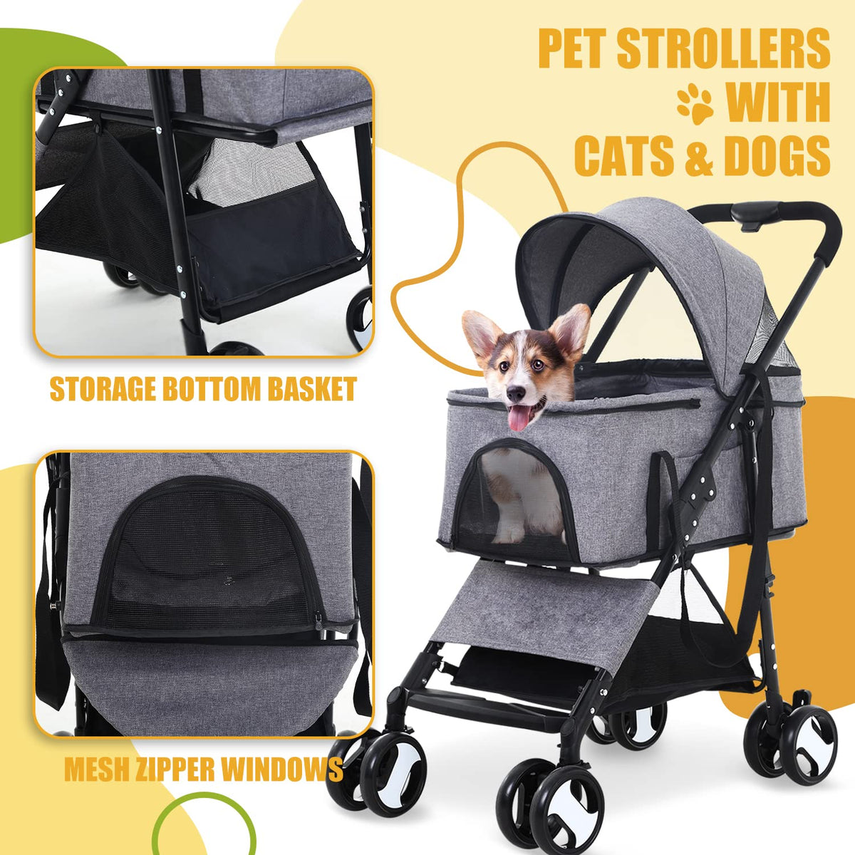 dog stroller 3-in-1 folding dog stroller for medium, side view