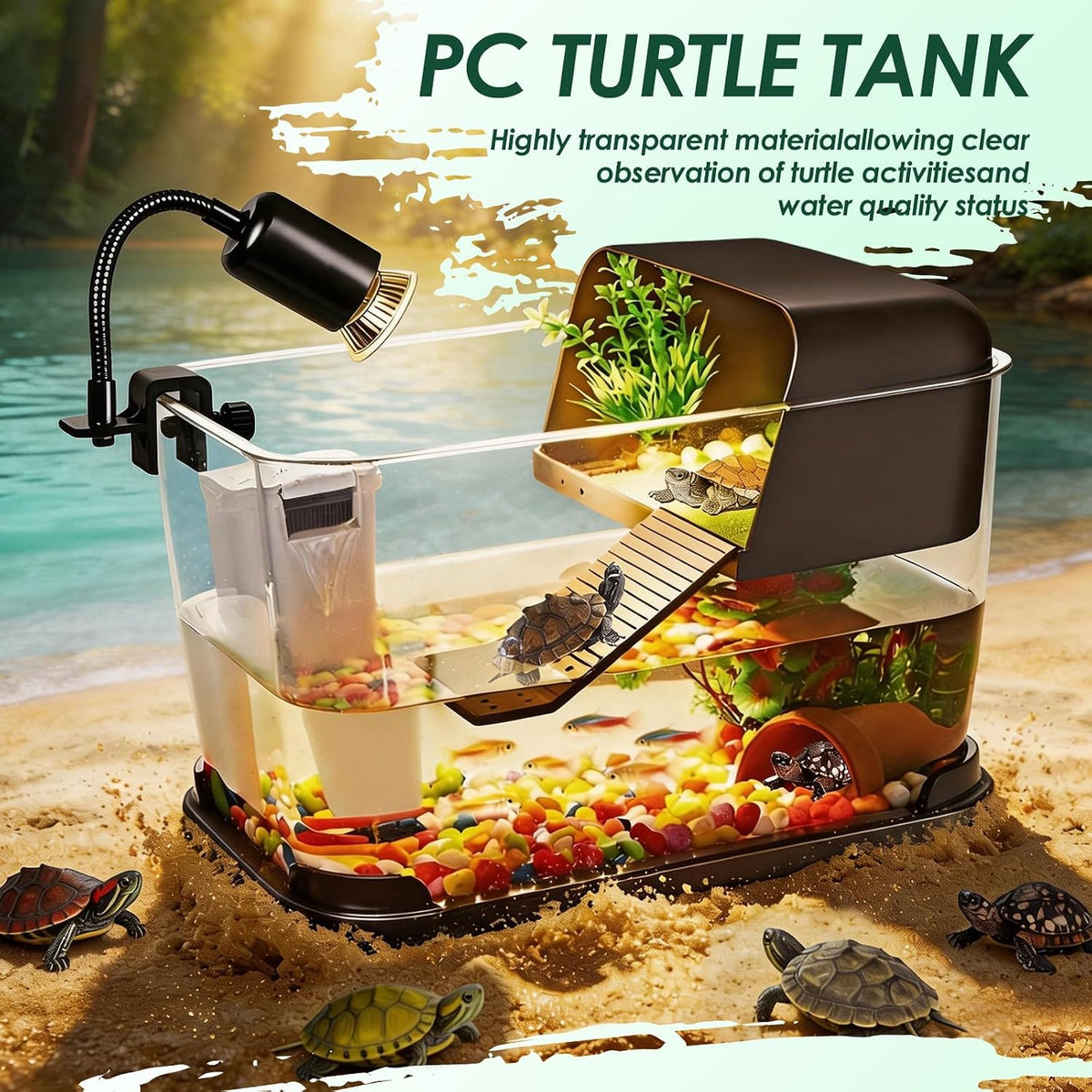 turtle tank starter kit,all-in-one aquatic turtle aquarium habitat on a desk or shelf