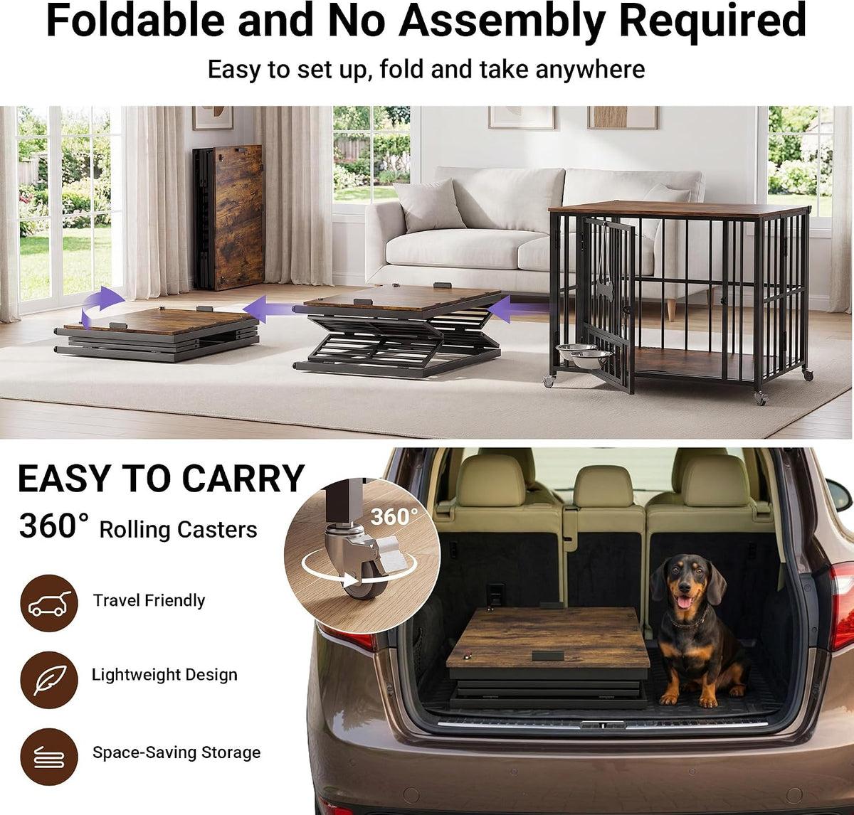 seang 31.5” foldable dog crate furniture, dog kennel shown in use